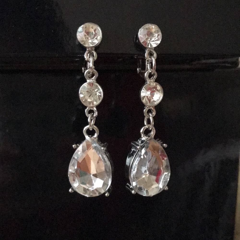 Clip-on Large Silver Rhinestone Dangle Earrings